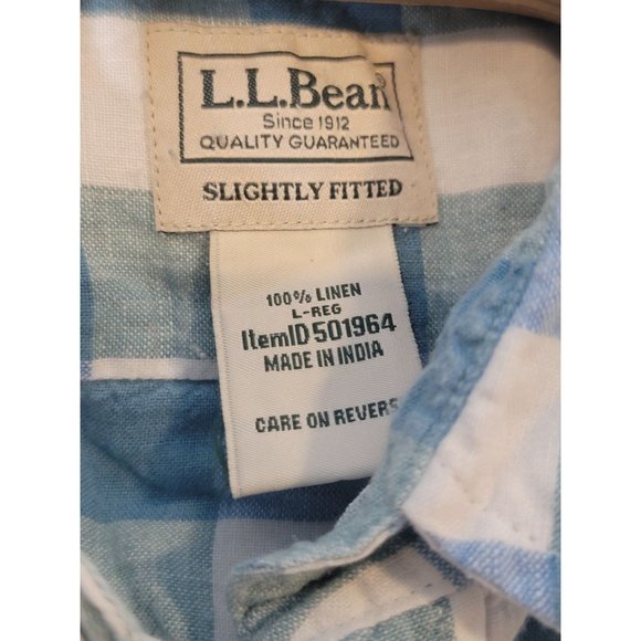 L.L. Bean Linen Button Up Shirt Long Sleeve Blue Green White Plaid Size Large - Picture 4 of 5